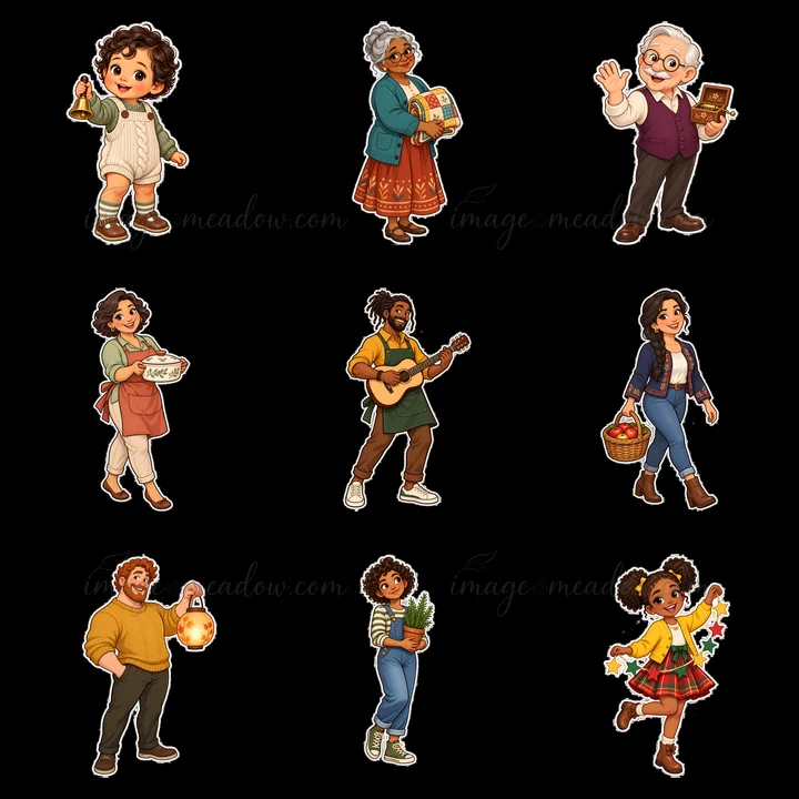 Nine cartoon sticker illustrations show family members in different roles. A woman plays music, a man holds a basket, and others show cooking, gardening, and cr