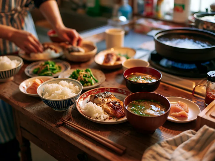 Traditional sushi breakfast in Japan features various dishes like rice, fish, and soup arranged on a wooden table.