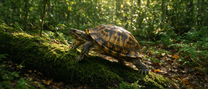 Turtle crossing a moss-covered log in a sunlit forest with detailed shell patterns