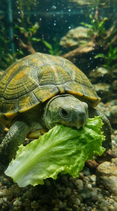 Turtle eats a large lettuce leaf underwater in an aquarium with plants, rocks, and bubbles.