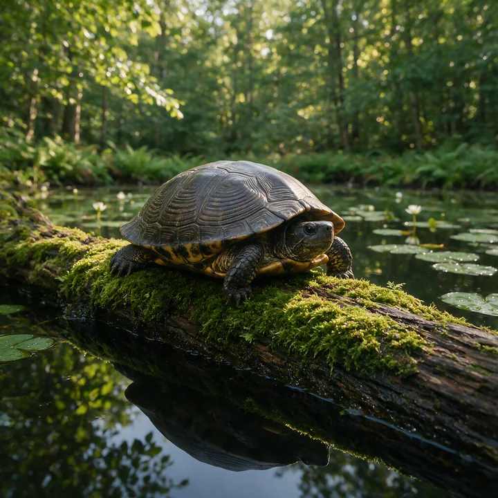 Turtle resting on a moss-covered log beside a woodland pond with lily pads and reflected forest light.