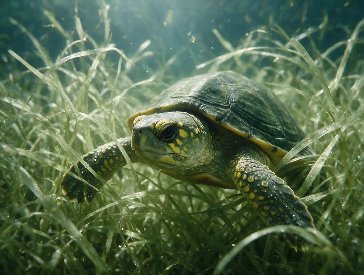 Turtle swims through submerged aquatic plants in clear water.