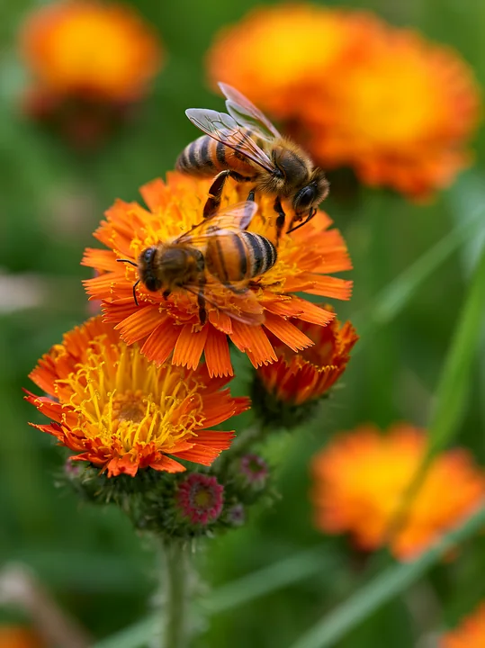 Two bees feed on bright orange meadow flowers in a close-up macro photograph.