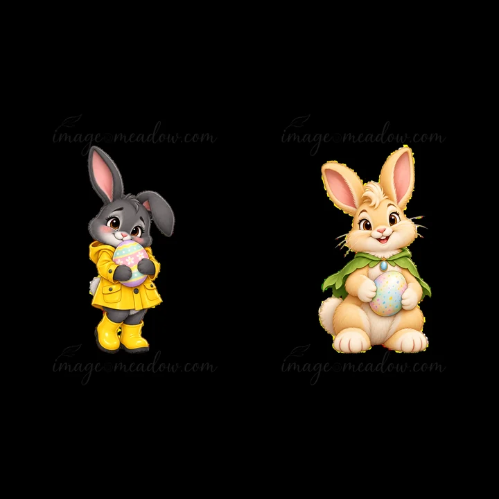 Two cute cartoon bunnies display vibrant decorated eggs. One bunny wears a yellow raincoat and holds an egg, while the other sports a green cape. They are perfe