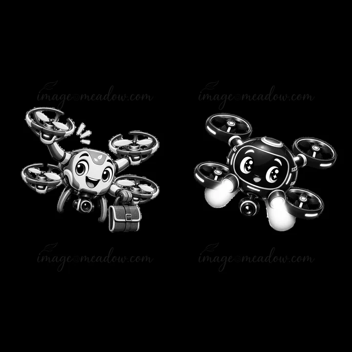 Two drone characters are shown in a playful style. One drone features a smiling expression and carries a small bag, while the other has glowing lights and a che