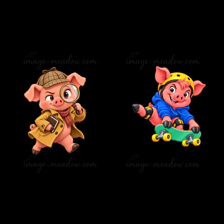 One pig wears a detective coat with a magnifying glass, while the other pig skateboards wearing a yellow helmet and blue hoodie. This colorful sticker illustrat