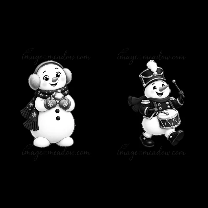 Two cartoon snowmen are featured. One is holding Christmas ornaments, while the other is playing a drum. The scene captures a festive holiday activity in a blac