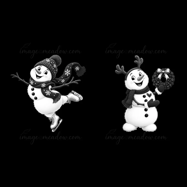 Two cartoon snowmen are enjoying Christmas activities. One snowman is ice skating with a smile, wearing a hat and scarf. The other holds a wreath in one hand, d