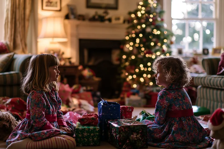 Two children sit on the floor, looking at wrapped presents in a living room decorated for Christmas.