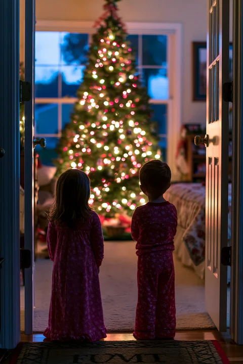 Two children wearing matching pajamas stand in a doorway, admiring a brightly lit Christmas tree in a cozy living room in the evening.