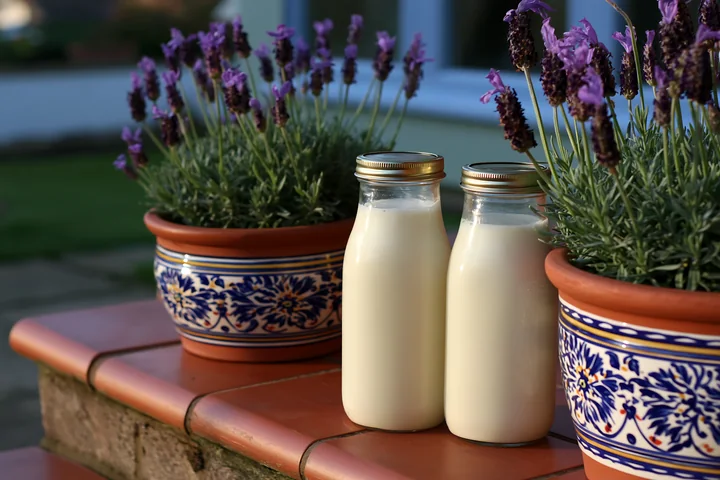 Two glass milk bottles sit on a doorstep surrounded by lavender plants.