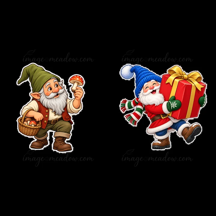 One gnome holds a mushroom while the other carries a wrapped gift. They wear colorful outfits, with one in green and brown, and the other in blue, red, and whit