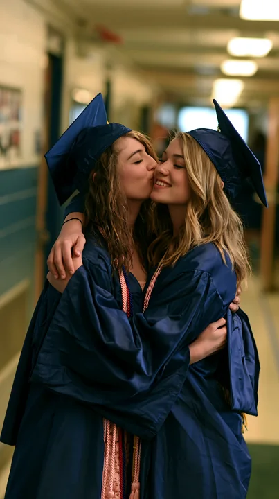 Two graduates in blue gowns embrace and share a kiss in a school hallway during their graduation celebration.