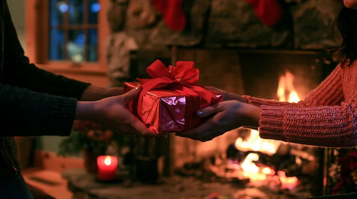 Two hands are exchanging a wrapped gift near a warm fireplace during a holiday gathering.