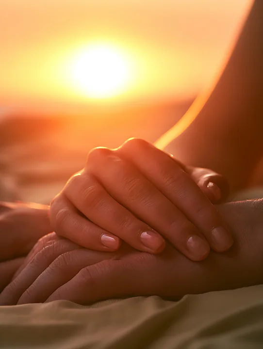 Two hands rest together as the sun sets over a beach.