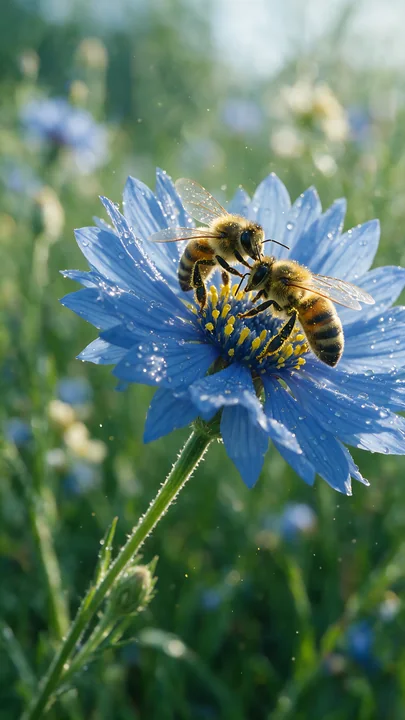 Two honey bees are working together on a blue flower in a bright meadow.