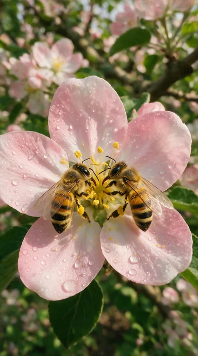 Two honey bees interact on the center of a dew-covered pink flower amid blurred green foliage.