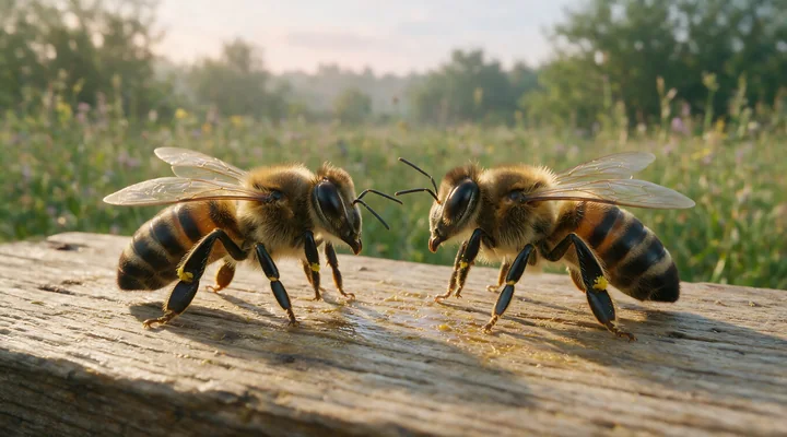 Two honey bees interact with each other on a wooden surface in a sunny meadow.