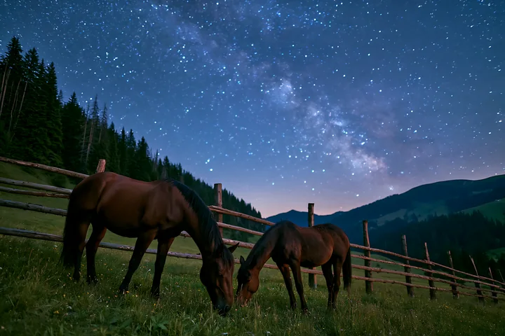 Two horses graze on grass in a green pasture while a clear night sky above reveals visible constellations.