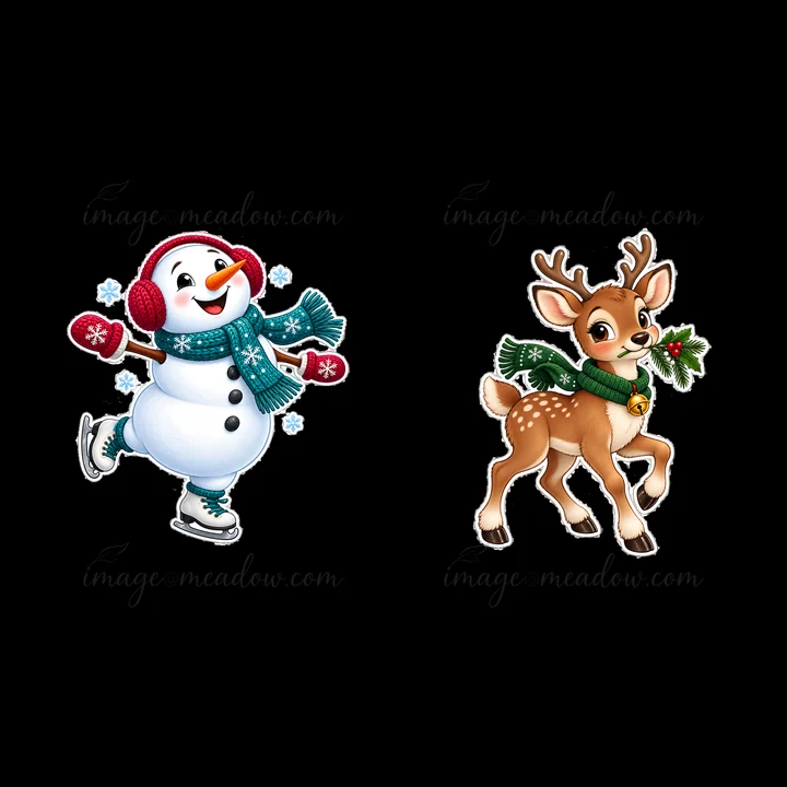 A snowman is skating on ice, wearing a red scarf and earmuffs. Next to him, a deer stands smiling, adorned with a green scarf and a bell. Both characters have festive details suitable for the holiday season.
