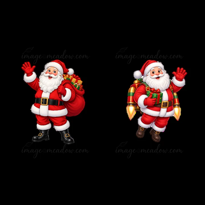 Two cartoon stickers of Santa Claus. One Santa waves and carries a red bag of presents. The other Santa holds a gift and has a jetpack, ready to fly, both in vibrant red and white colors.
