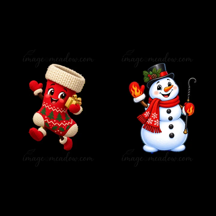 A red Christmas stocking holds a small gift while a snowman in a black hat and red scarf holds flames in each hand. This cheerful scene captures a festive spirit during the holiday season.