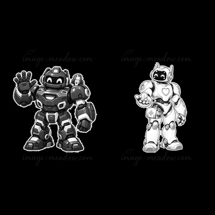 Two mech robots stand side by side, each giving a friendly wave. The left robot is bulkier, with a sturdy design, while the right is slimmer and holds its hand