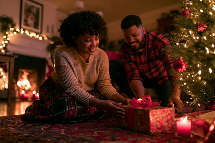 Two parents place wrapped gifts beneath a glowing Christmas tree in a warmly lit living room.