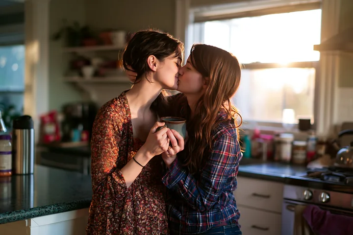 Two partners kiss in a cozy kitchen filled with warm light from the sunset.