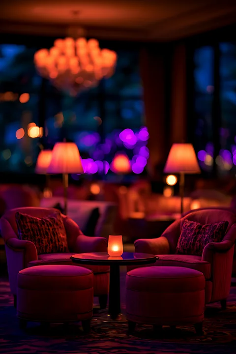 Two plush chairs are positioned around a small table with a glowing candle.