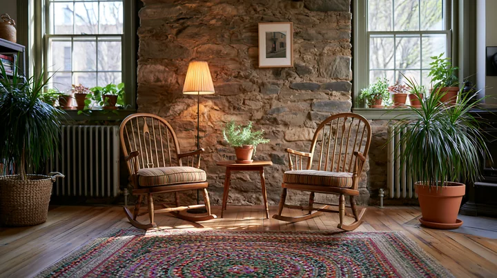 Two rocking chairs sit beside a small table under a lamp in a room featuring an exposed stone wall.