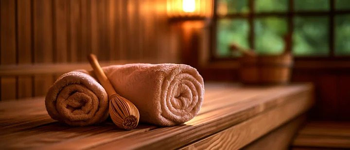 Two rolled towels sit on a wooden bench inside a sauna.