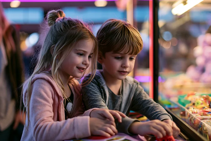 Two siblings playing a claw-style prize game at a fun fair.
