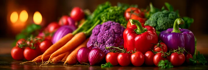 Various colorful vegetables are displayed on a wooden table.