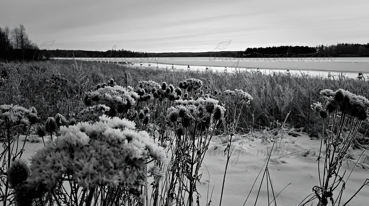 Frosted seedheads grow in a meadow near a frozen lake. Lanterns are visible in the distance. The scene captures the essence of winter during the Christmas seaso