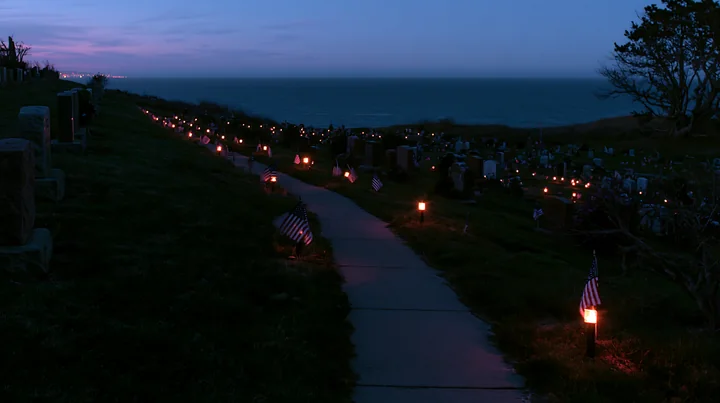 Veteran graves with small US flags at night are lined along a path in a cemetery.