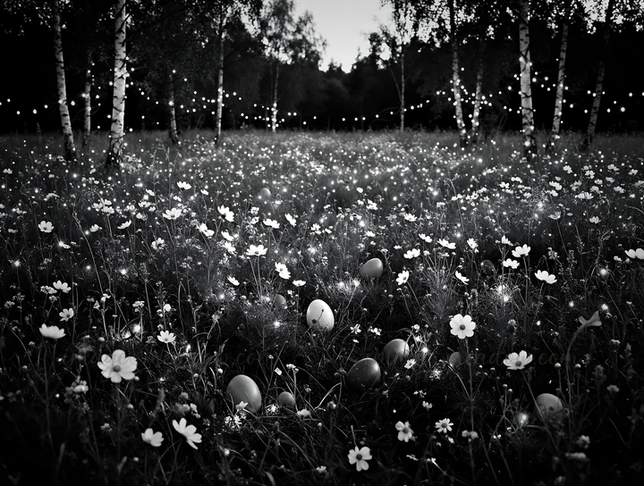 A meadow filled with flowers shows vibrant Christmas lights shining at dusk. Soft light from the decorations creates a warm atmosphere in the natural setting su