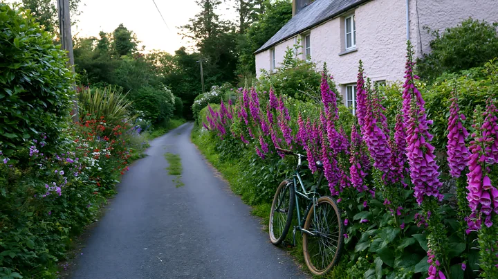 Vibrant foxglove flowers grow along a narrow lane beside a cottage, with a bicycle resting against the hedge.