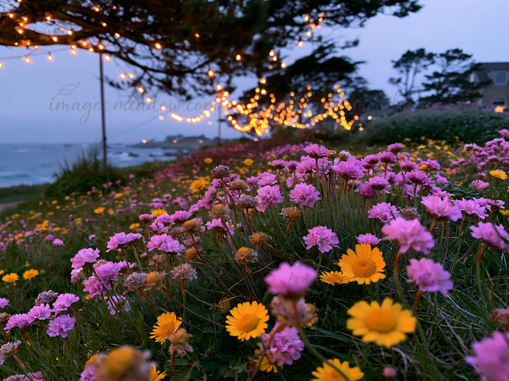 A meadow filled with colorful flowers glows under soft Christmas lights at dusk. The view includes the ocean in the background, creating a scenic coastal atmosp