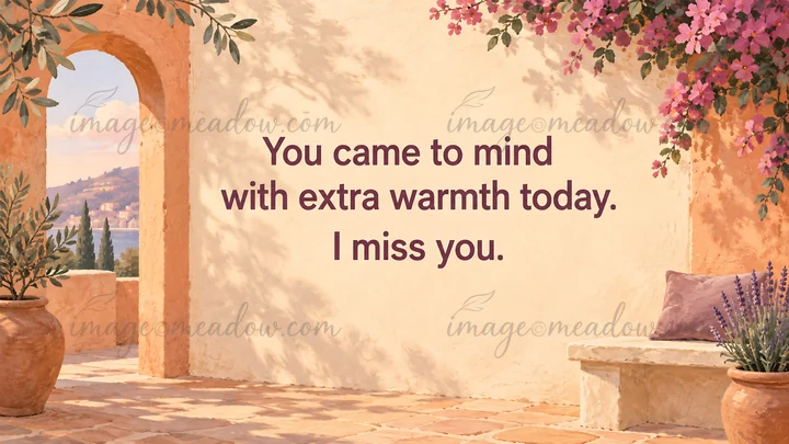 An illustrated sunlit courtyard with an arched view, terracotta walls, pink blossoms and potted plants frames the message, “You came to mind with extra warmth t
