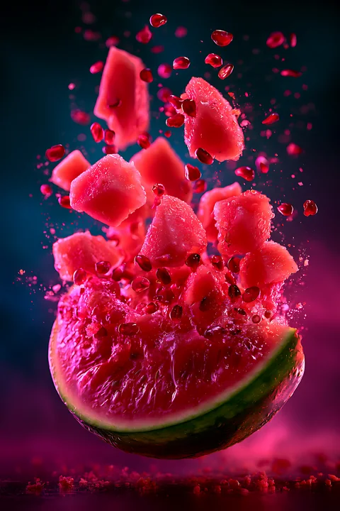 Watermelon and pomegranate pieces are suspended in mid-air with droplets of water surrounding them.