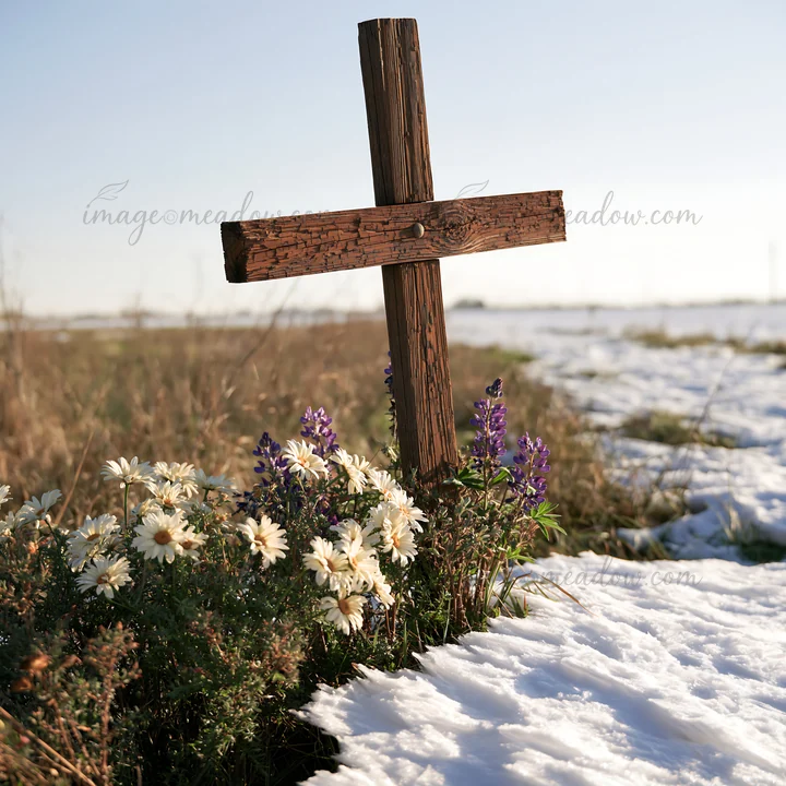 A weathered Christian cross stands in a snowy meadow. Flowers bloom around the base, contrasting with the white snow. The scene captures the essence of nature a