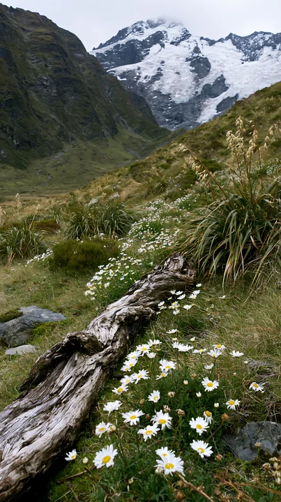 A weathered log lies in a grassy meadow scattered with white flowers. In the background, tall mountains rise, covered with patches of snow. This scene captures