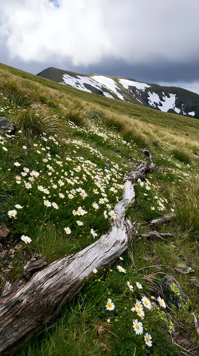 A weathered log rests in a meadow filled with white flowers under a cloudy sky. Snow-capped mountains rise in the distance. The scene shows nature's elements co