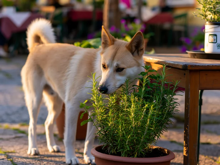 White dog standing beside a potted plant and wooden table at an outdoor café.