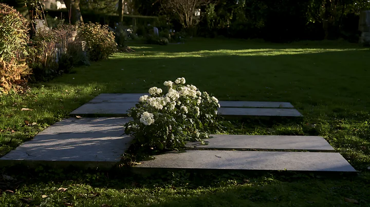 White flowers decorate a flat grave among stone memorials and green lawn in a shaded cemetery.