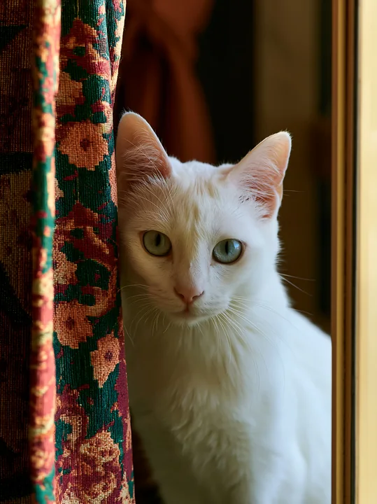 White Khao Manee cat peeks from beside a patterned curtain near a sunlit window.