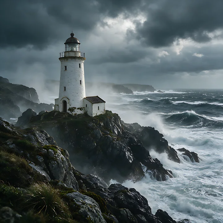 White lighthouse stands on rocky coastal cliffs above powerful waves beneath dark storm clouds.