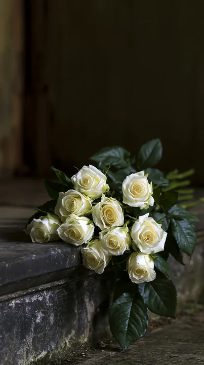 White roses rest beside a weathered stone memorial, with broad dark empty space above for copy.