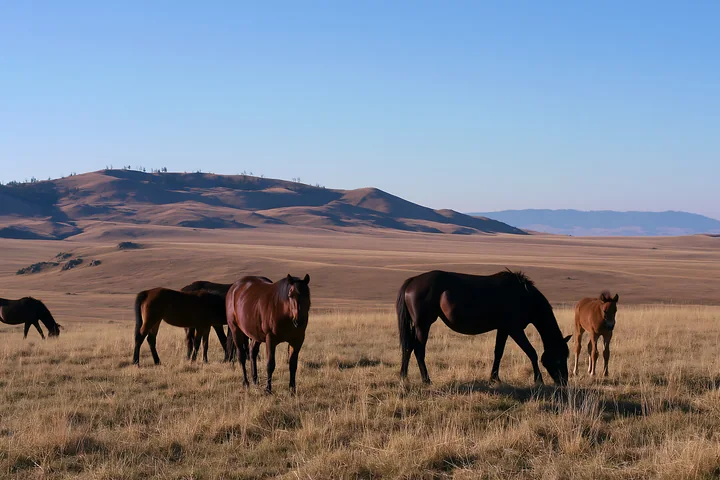 Wild horses grazing in open grassland show a group of horses feeding on dry grass in a vast landscape.